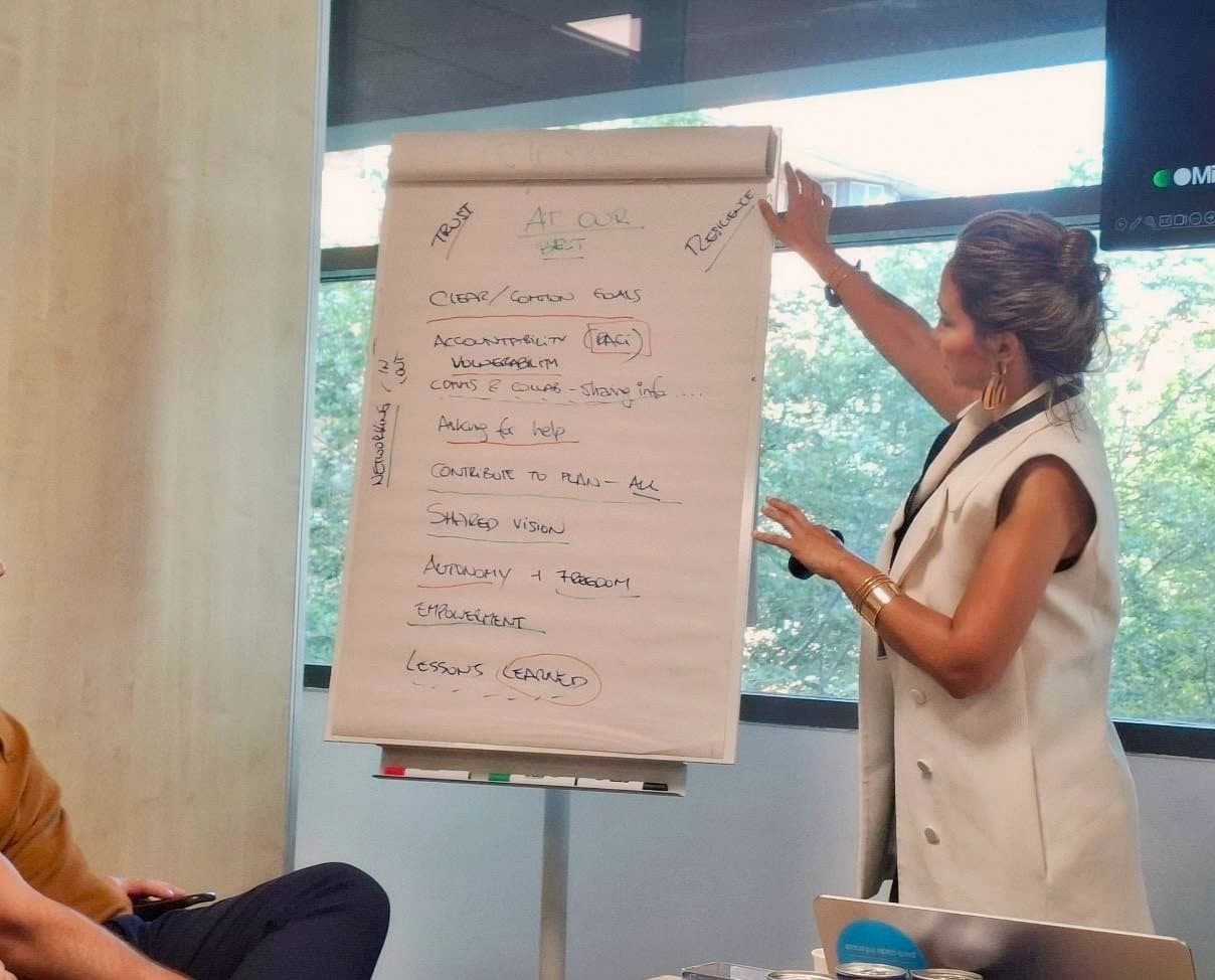 Sam facilitating a team session on what makes the team work at its best